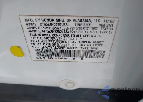 2009 Honda Pilot Lx из США, поврежденный, VIN 5FNYF48239B048315